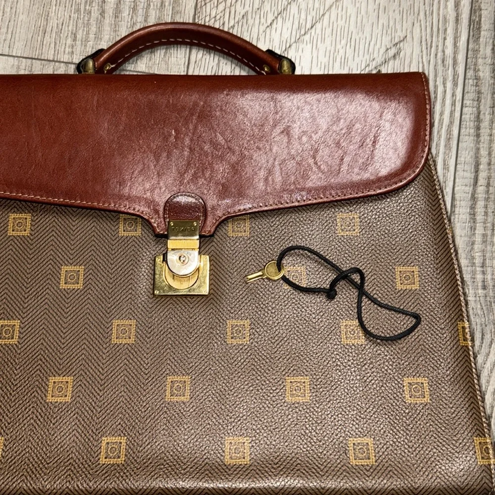 Vintage Texier Brown leather Italian briefcase laptop travel bag man-purse gold